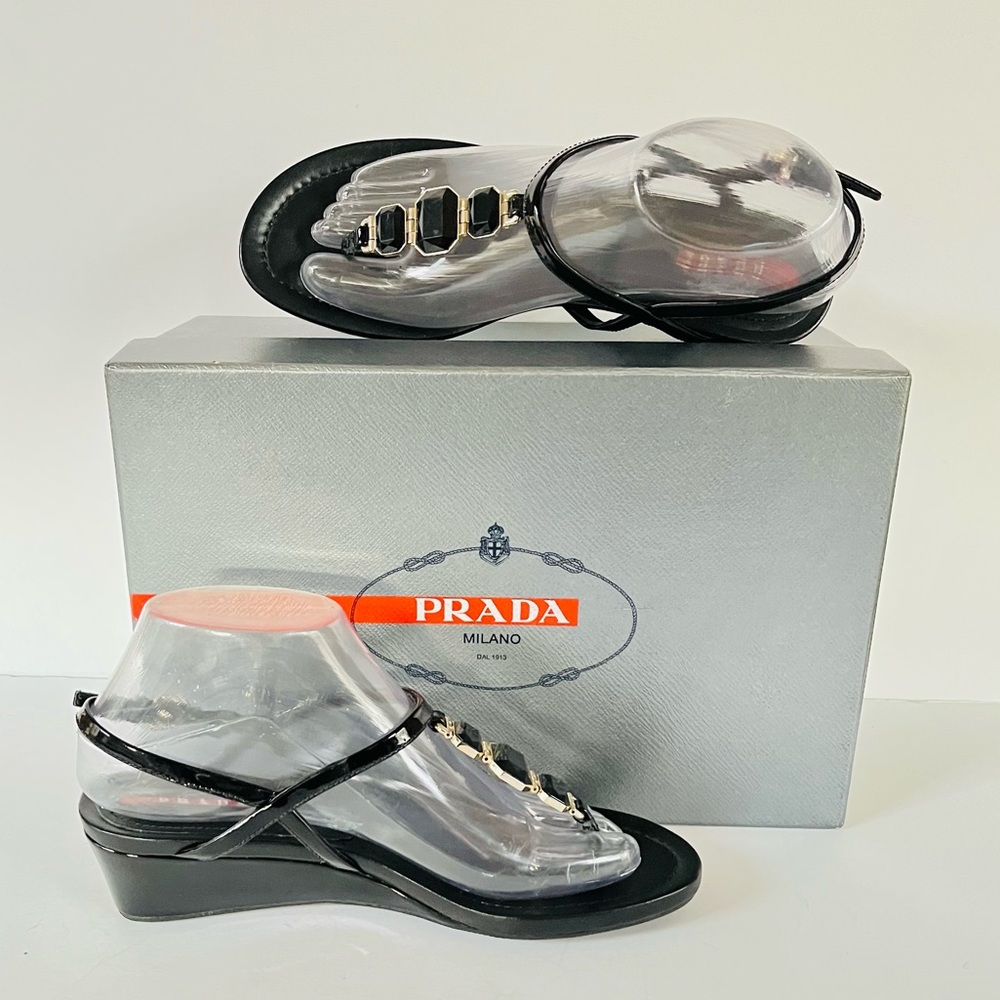 Prada Black Beaded Patent Leather Sandals Wedge 3… - image 5
